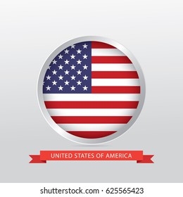 Flag of United States of America in shiny circle with red ribbon on gradient gray background. USA flag.