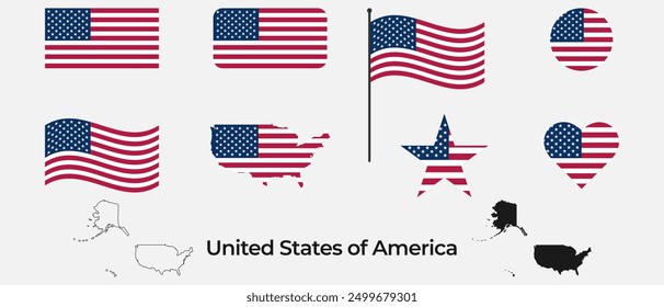 Bandera de los Estados Unidos de América. Silueta de los Estados Unidos de América. Símbolo nacional.