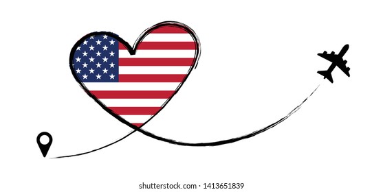 Flag United States America USA VS. Heart, love romantic travel. Symbol of  airplane, air plane, aircraft, aeroplane, flying, fly jet airline. Line path. Vector location pointer route. Travel. 