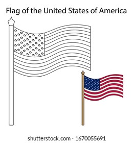 Flag of the United States of America. Vector illustration. Coloring book for children. Isolated background. National symbol of the state. Educational literature, web design, sticker. Political topics.