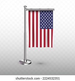 Flag of United States of America. Vector illustration of a vertical hanging flag with flagpole on a transparent background (PNG).