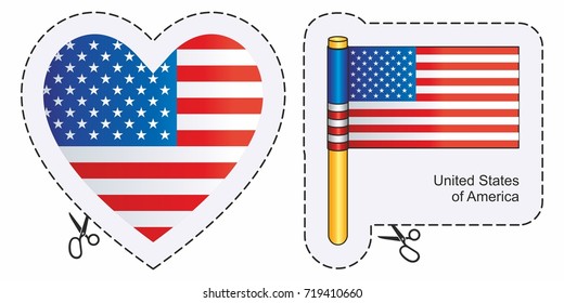 Flag  United States of America. Vector cut sign here, isolated on white. Can be used for design, stickers, souvenirs.