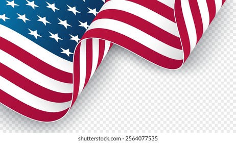 The flag of the United States of America. Waving American flag. Transparent background. Graphic template for holiday greetings, invitations and celebrate banners. Vector illustration.