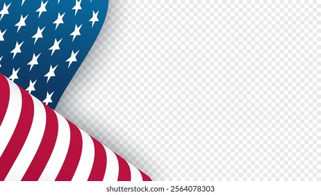 The flag of the United States of America. Waving American flag. Graphic template for holiday greetings, invitations and celebrate banners. Transparent background. Vector illustration.