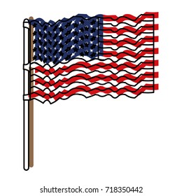 flag united states of america waving in flagpole and watercolor silhouette vector illustration