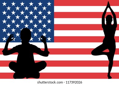 The flag of the United States of America with yoga silhouettes