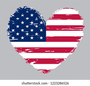 Flag of United States in heart shape.Grunge dirty American flag.