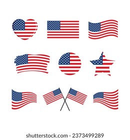 Flag of the United States icon set vector isolated on a white background. USA flag graphic design element. American flag in heart shape vector. United States symbols collection. Set of American icons