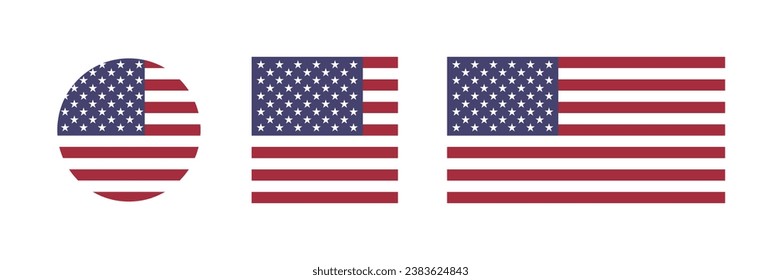 The flag of the United States. Flag icon. Standard color. A rectangular flag. A square flag. Round icon. Computer illustration. Digital illustration. Vector illustration.