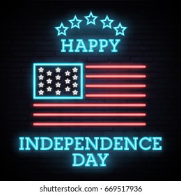 The flag of the United States. Neon banner bright sign. Greeting cards Happy independence Day. 