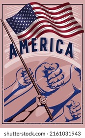 Flag of the United States Poster Vector Illustration Design. Hands Holding America National Flag Vintage Poster Illustration. World Nation Flag Poster Vector Illustration