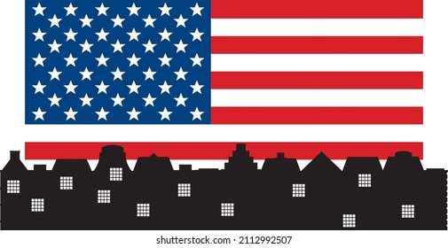 Flag of the United States with silhouette city illustration