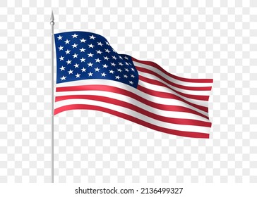 Flag of the United States waving in the wind. US flag on a metal flagpole. Wavy USA flag illustration. American flag isolated on transparent background. Realistic 3d vector illustration