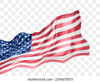 Flag of the United States waving in the wind. Shiny Silk USA flag with pleats. Wavy USA flag illustration. American Flag isolated on transparent background. Realistic 3d vector illustration