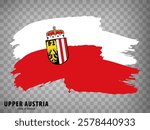Flag Upper Austria of Austria, brush stroke background.  Waving Flag Upper Austria with Coat of arms and with title on tranparent backrgound  for your web site design, logo, app, UI.  EPS10.