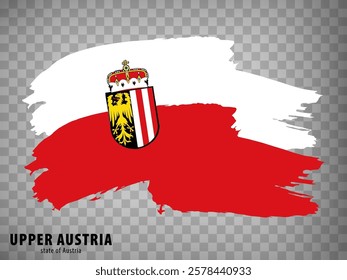 Flag Upper Austria of Austria, brush stroke background.  Waving Flag Upper Austria with Coat of arms and with title on tranparent backrgound  for your web site design, logo, app, UI.  EPS10.