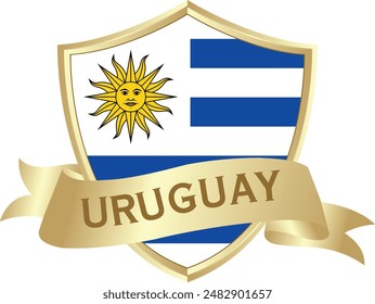 Flag of uruguay as around the metal gold shield with uruguay flag