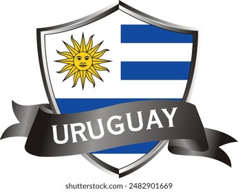 Flag of uruguay as around the metal silver shield with uruguay flag