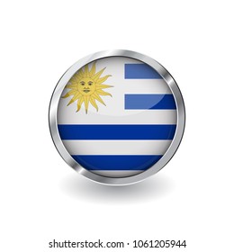 Flag of uruguay, button with metal frame and shadow. uruguay flag vector icon, badge with glossy effect and metallic border. Realistic vector illustration on white background.