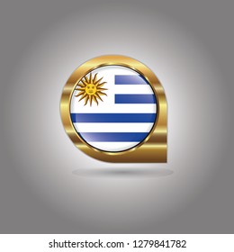 Flag of Uruguay, button with the reflection of light and shadow, gold frame, Icon country. Realistic vector illustration on gray background.