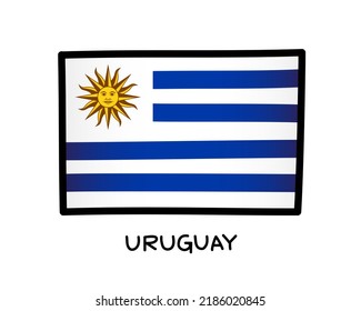 Flag of Uruguay. Colorful Uruguayan flag logo. Blue and white brush strokes, hand drawn. Black outline. Vector illustration isolated on white background.