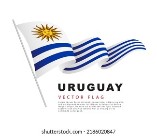 The flag of Uruguay hangs on a flagpole and flutters in the wind. Vector illustration isolated on white background. Colorful Uruguayan flag logo.