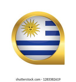 Flag of Uruguay, location map pin, pointer flag, button with the reflection of light and shadow, gold frame, Icon country. Realistic vector illustration on white background.