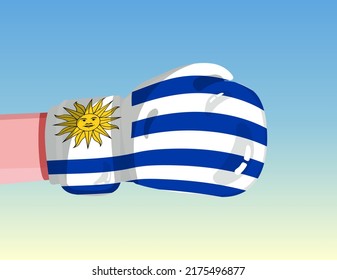 Flag of Uruguay on boxing glove. Confrontation between countries with competitive power. Offensive attitude. Separation of power. Template ready design.