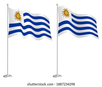 flag of Uruguay on flagpole waving in wind. Holiday design element. Checkpoint for map symbols. Isolated vector on white background