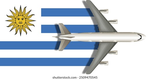 Flag of Uruguay with a plane flying over it close up. Vector image.