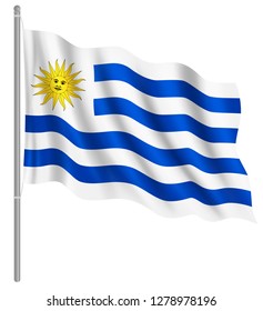 Flag of Uruguay with flag pole waving in wind. Vector illustration