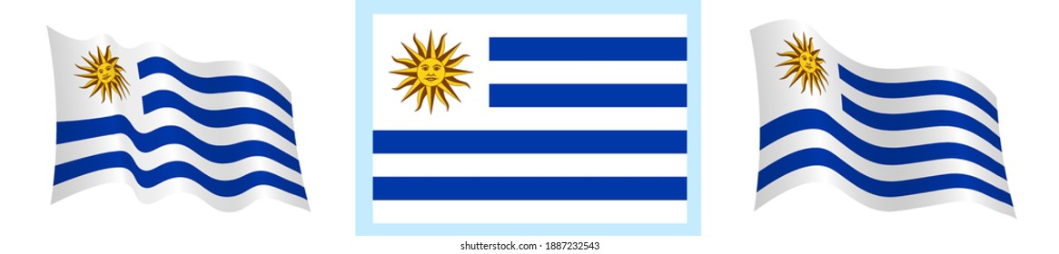 flag of Uruguay in static position and in motion, fluttering in wind in exact colors and sizes, on white background