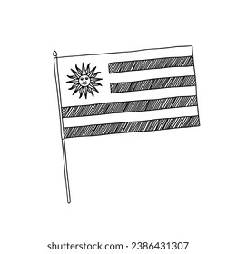 Bandera de Uruguay. Vector, bandera dibujada a mano en blanco y negro.