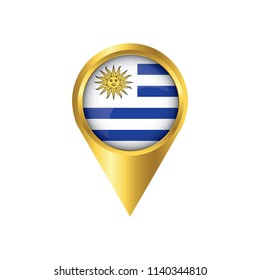 Flag of Uruguay.symbol check in Uruguay, golden map pointer with the national flag of Uruguay in the button. vector illustration.