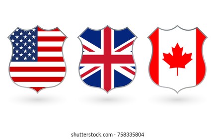 Flag of US, Canada and UK in the shape of a police badge. American, Canadian and  British national symbol. Vector illustration.