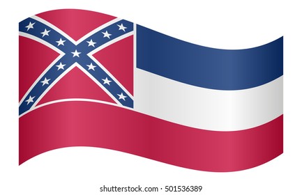 Flag of the US state of Mississippi waving on white background, vector illustration. Mississippian official flag, symbol. American patriotic element. USA banner. United States of America background.