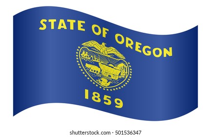 Flag of the US state of Oregon waving on white background, vector illustration. Oregonian official flag, symbol. American patriotic element. USA banner. United States of America background.
