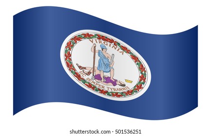 Flag of the US state of Virginia waving on white background, vector illustration. Virginian official flag, symbol. American patriotic element. USA banner. United States of America background.