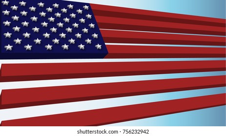 Flag USA in 3d. Vector. Bue Gradient background.