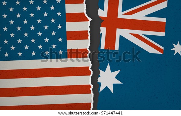 Flag of\
USA and Australia torn apart - Political Tension, Modern Flat\
Design with paper rip, textures and drop\
shadow