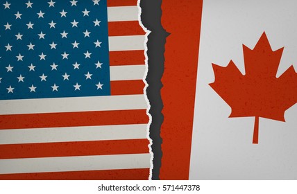 Flag of USA and Canada torn apart - Political Tension, Modern Flat Design with paper rip, textures and drop shadow
