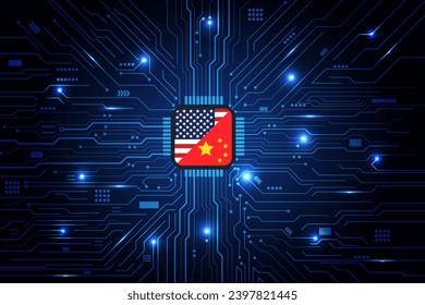 Flag USA und China auf Computer Chip . Krise der globalen Chipknappheit und Handelskriegskonzept zwischen China und den Vereinigten Staaten.