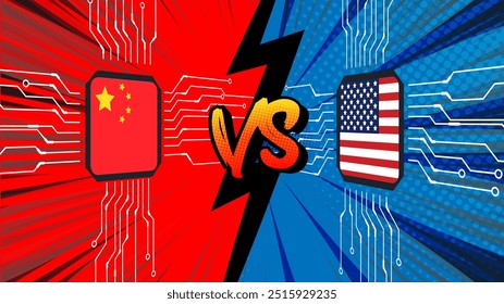 Bandeira EUA e China em Computer Chip . Crise global de escassez de chips e conceito de guerra comercial entre China e Estados Unidos.	