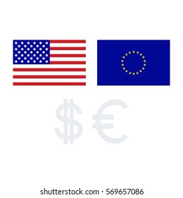 Flag USA and EU . Euro and Dollar on financial markets