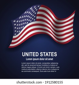 Flag of USA flying on blue background with text. Vector illustration