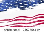 Flag of USA in grunge brush stroke background. Brush painted flag America. Hand drawn style flag of America. Blue and red color. Vector illustration background.