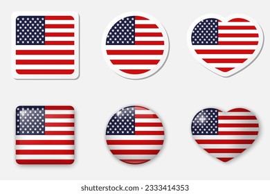 Flag of USA icons collection. Flat stickers and 3d realistic glass vector elements on white background with shadow underneath.