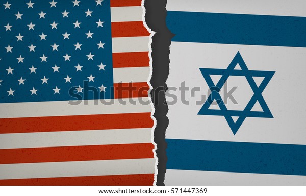 Flag of\
USA and Israel torn apart - Political Tension, Modern Flat Design\
with paper rip, textures and drop\
shadow