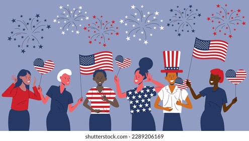 Flag USA July 4 Celebration Indendence Day Concept. Celebrating Independence Day of America. Group of People Waving American Flags