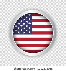 Flag of USA on round button on transparent background element for websites. Vector illustration